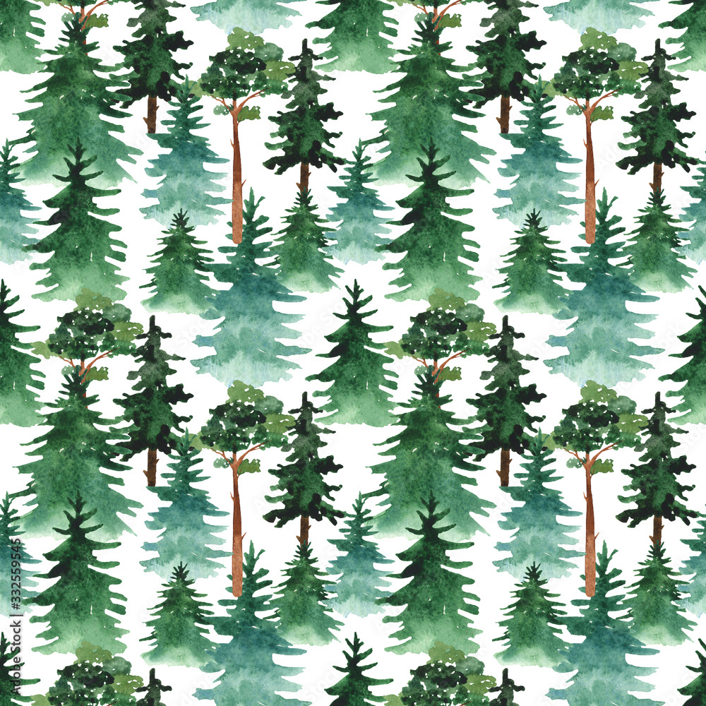 Watercolor seamless pattern with fir trees and pines on a white background.