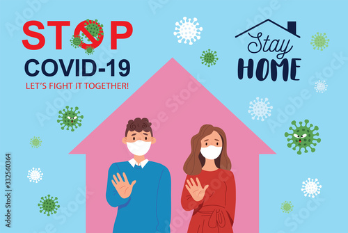 Coronavirus Covid-19  quarantine campaign of stay at home concept. Family in medical face mask to reduce risk of infection & spreading the virus. Vector illustration.