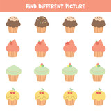 Find different picture. Cute tasty muffins or cupcakes