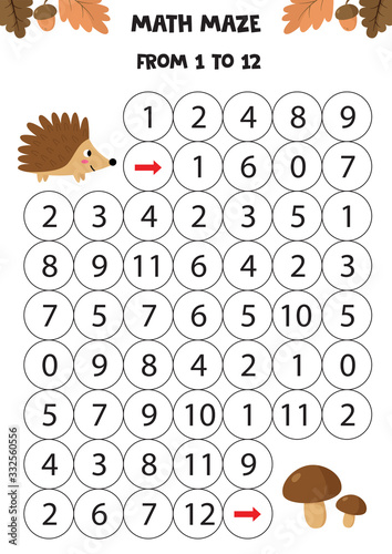 Math game for kids. Cute cartoon hedgehog goes to the mushrooms.