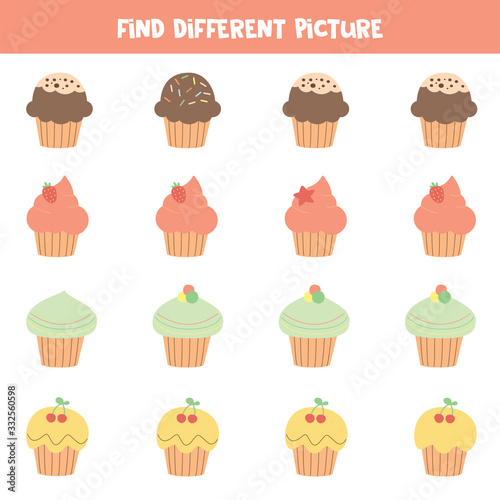 Find different picture. Cute tasty muffins or cupcakes