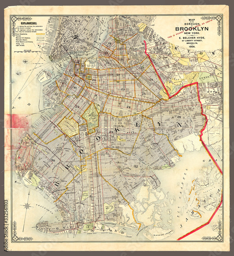 Brooklyn, New York City, 1906, a highly detalied pocket edition map with key landmarks and streets. Useful historical resource. Shows transportaton routes. photo