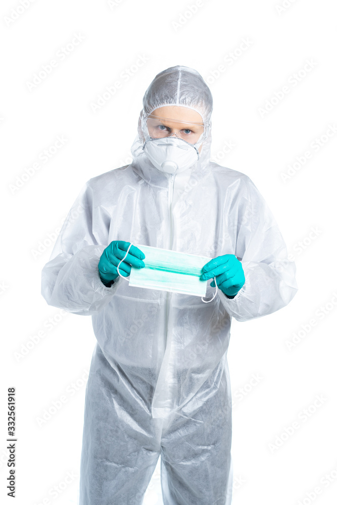 A healthcare provider suggests wearing a respirator mask to protect against respiratory diseases such as flu, coronavirus, and ebola. Isolated.