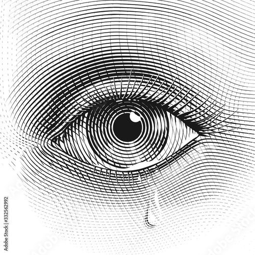 Sad woman eye with tears in engraved style