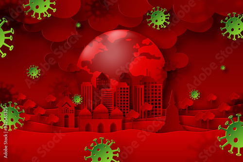 Coronavirus outbreak and spread around the world.Pandemic medical health risk.Paper cut background.