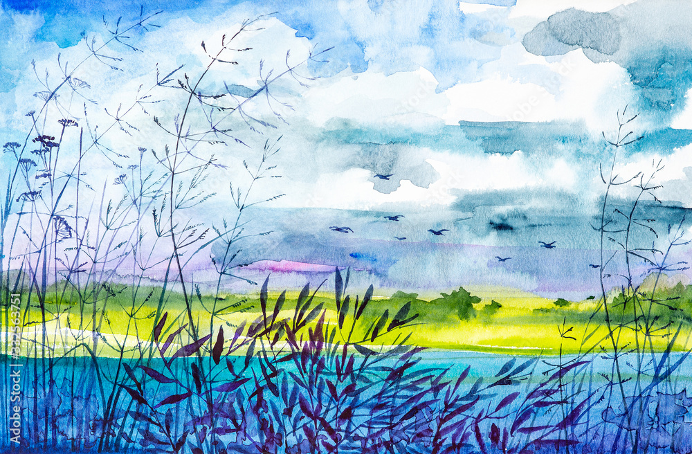 Summer watercolor illustration of a lake with grass in the foreground and forest in the background with flying birds