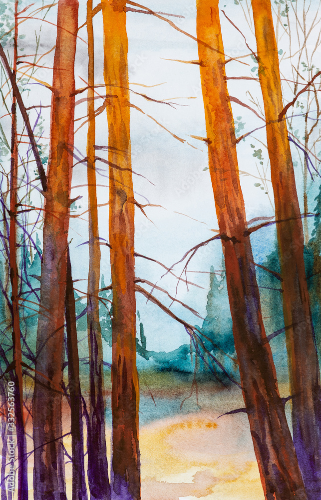 Watercolor illustration of a beautiful summer forest landscape