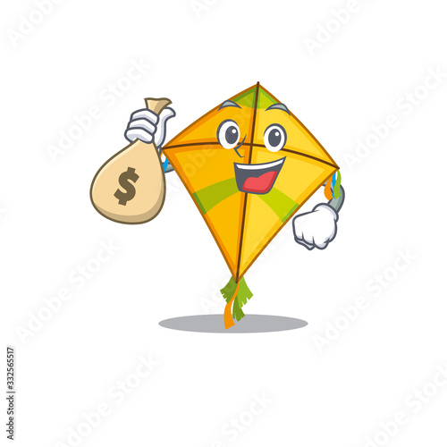 Smiley rich kite cartoon character bring money bags photo