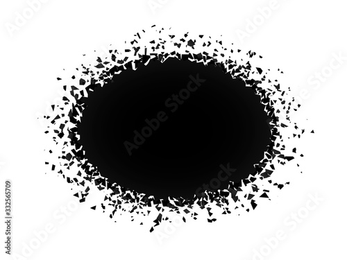 exploding ellipse with debris. Isolated black circle on white background. Concept, template for sale. 3d effect of particles. Vector illustration EPS 10