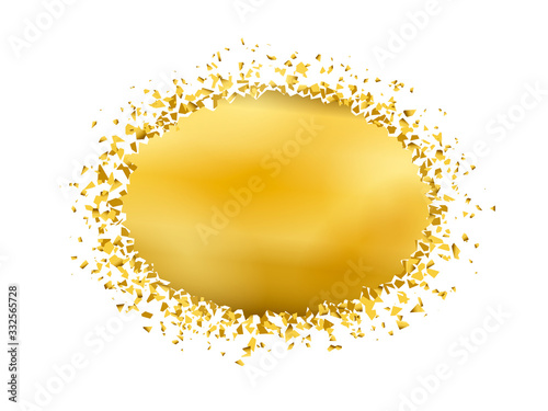 exploding ellipse with debris. Isolated gold circle on white background. Concept, template for sale. 3d effect of particles. Vector illustration EPS 10