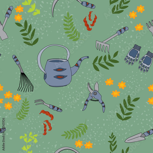 Seamless pattern of garden tools, plants and flowers . Rake, shovel, watering can , pruners, gloves in cartoon drawn style, isolated on a green background. Spring vector illustration.