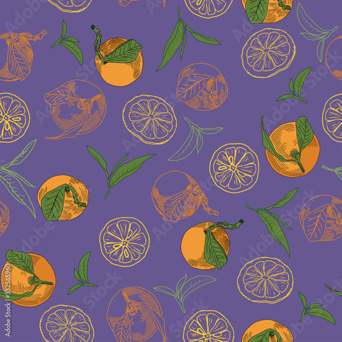 Seamless pattern with tangerine fruits and lemons. Citrus with leaves. Vector illustration on a purple background in cartoon style. For posters, postcards, printing, textiles , and other decor.