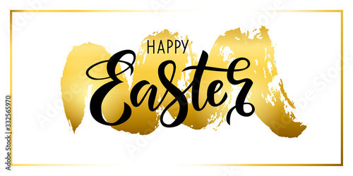 Hand drawn black lettering happy Easter on gold spot background on a white background. Vector illustration for design of card, banner, logo, flayer, label, icon, badge, sticker