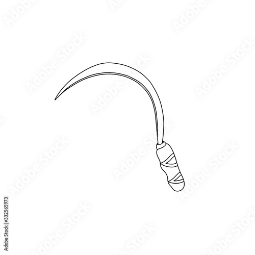 Garden sickle in hand drawn doodle style isolated on white background. Vector outline stock illustration. Sign gardening element. Coloring book. Tool for working in the garden and the vegetable garden