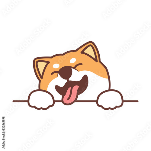 Cute shiba inu dog paws up over wall, dog face cartoon icon, vector illustration