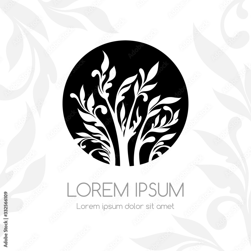Tree in the circle. Ornamental logo. Foliage and floral vector emblem.