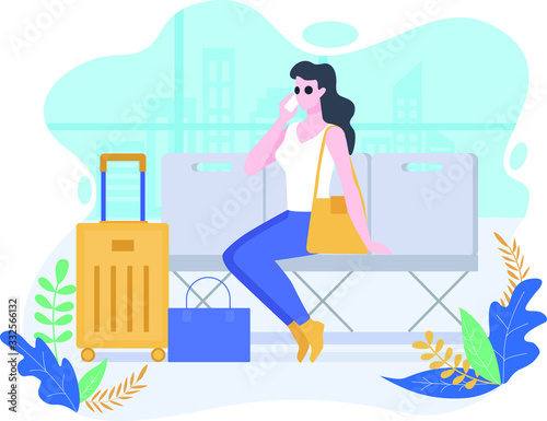 Woman in the waiting hall or airport hall,, carrying a suitcase and talking on the phone. Flat Vector illustration.
