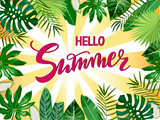 hand drawn lettering Hello Summer with tropical leaves, palms, monstera leaf, floral background. Red text on striped background for banner, flyer, greeting card, post, a print for a tshirt