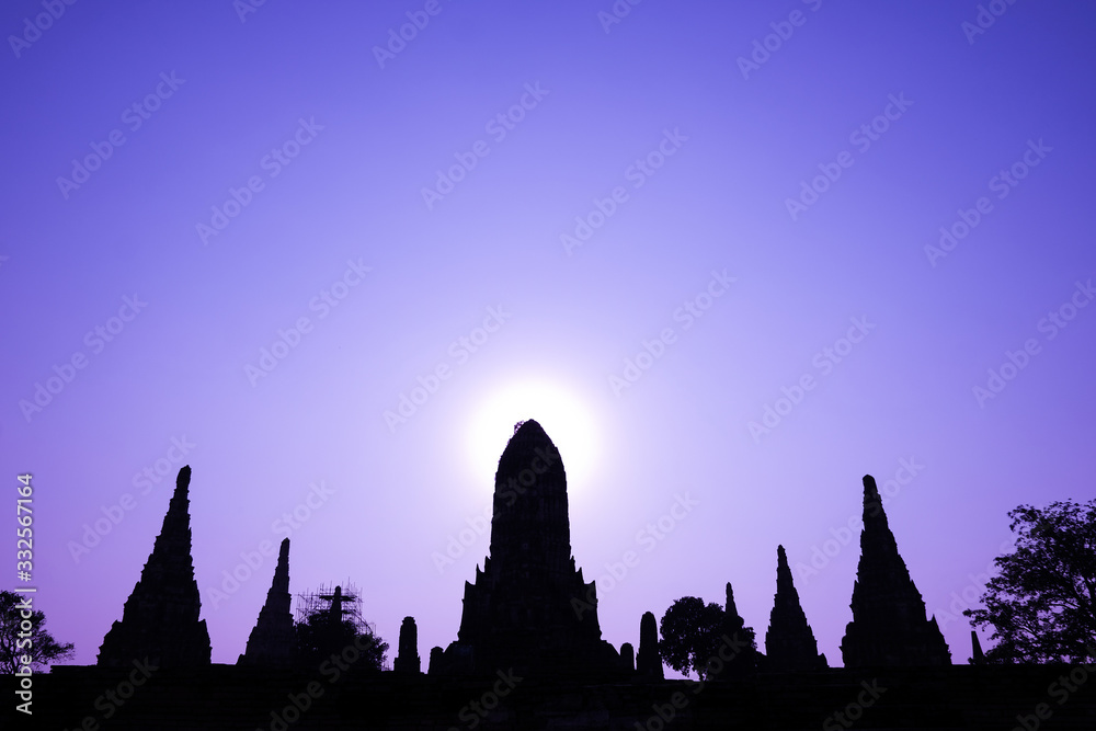 Silhouette of  Chaiwatthanaram temple of Ayutthaya in Thailand,  Ayutthaya historical park Thailand.