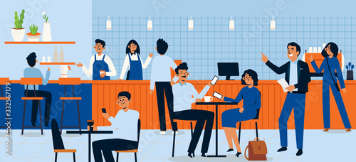 People eating in a food court shopping mall, character flat design vector illustration. Tiny sitting at tables large hall vendors staying counters. Men women having lunch or dinner. cartoon style.