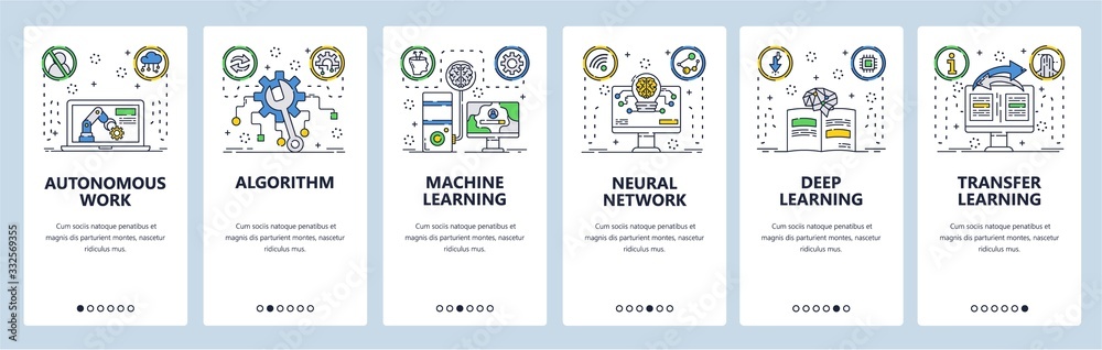 Machine learning website and mobile app onboarding screens vector template