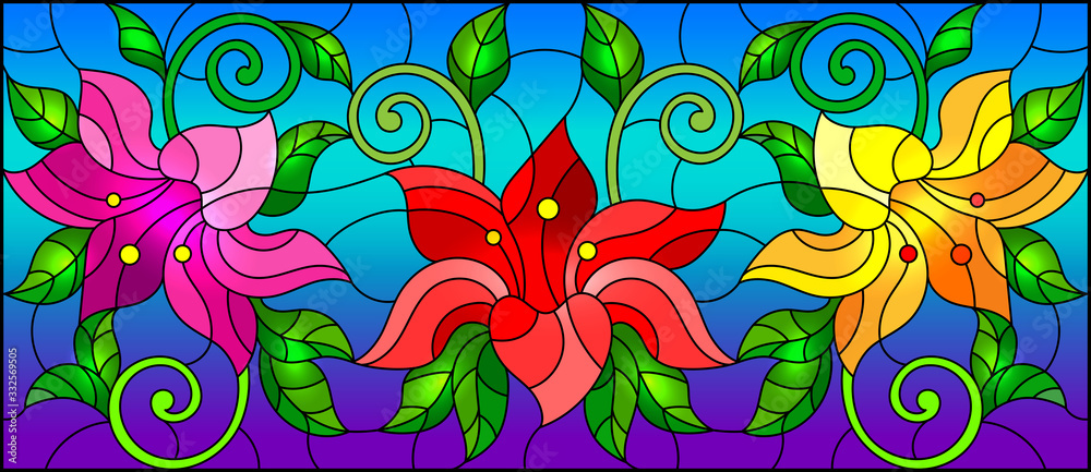 llustration in stained glass style with flowers, leaves and buds of bright lilies on a sky background