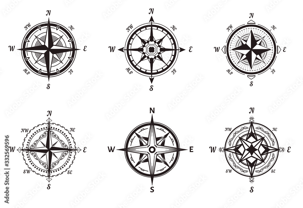 Obraz premium Compasses isolated icons, Rose of wind, nautical navigation