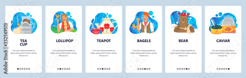 Russian stereotypes. Bear with balalaika, russian girl in traditional dress, caviar, teapot. Mobile app screens. Vector banner template for website mobile development. Web site design illustration