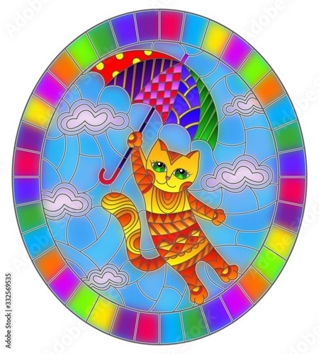 Fototapeta Naklejka Na Ścianę i Meble -  Illustration in stained glass style with funny red cat flying on the umbrella on the background of sky and clouds, oval image in bright frame