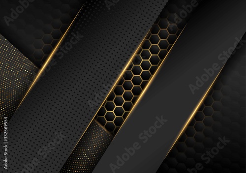 Dark black with shiny gold hexagon pattern metal background for business template and wallpaper purpose