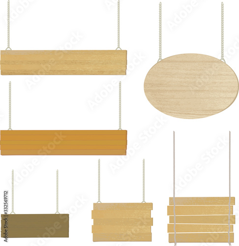 Vector illustration of various wooden signboard hanging with chain.