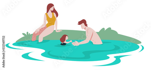 Family in pool, river or lake, summer recreation on nature