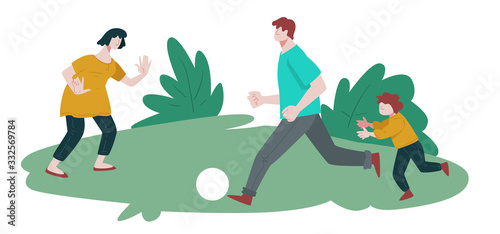 Family playing football isolated icon, summer outdoor activity