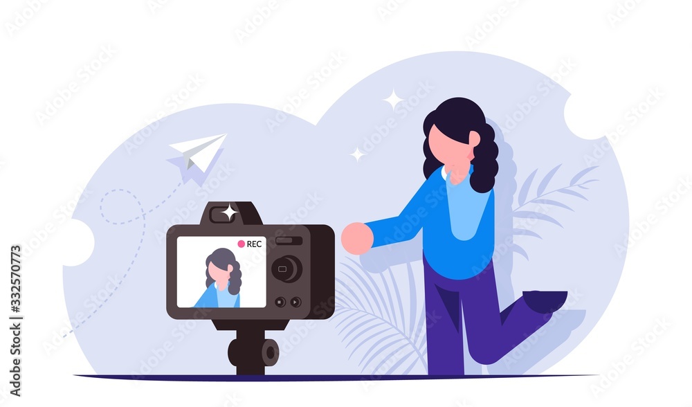 Influencer concept. The process of shooting video content for a blogger or streamer. Record streaming video. Appeal of a popular person to his subscribers. Modern flat vector illustration.