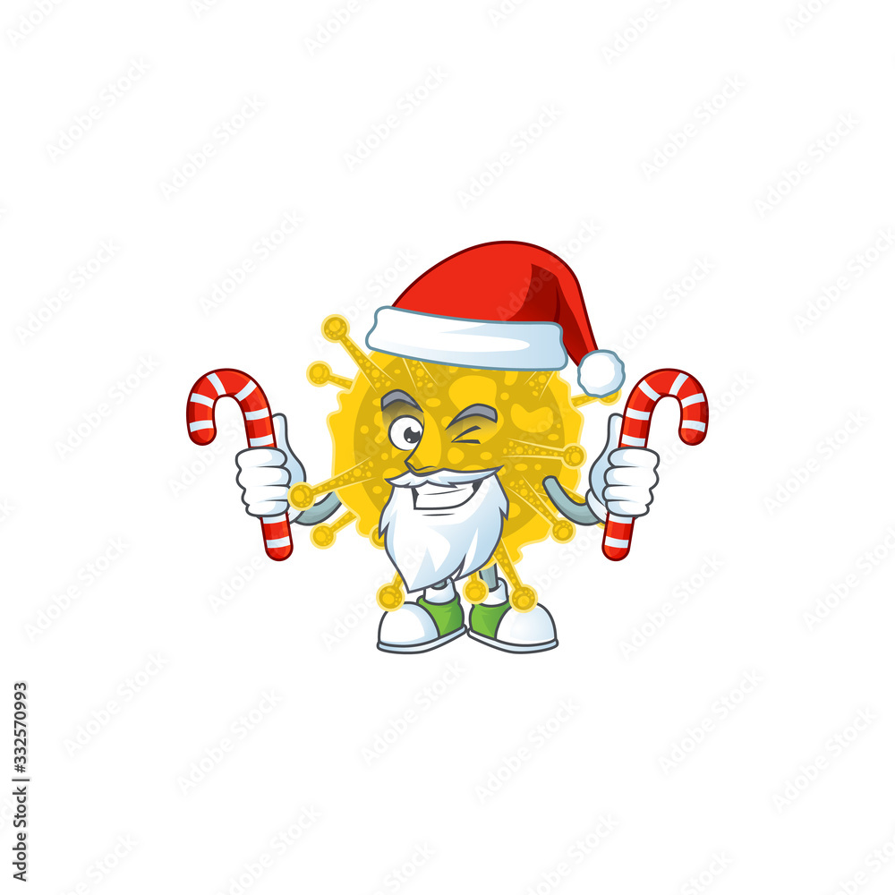 Friendly coronavirus pandemic in Santa Cartoon character with candies