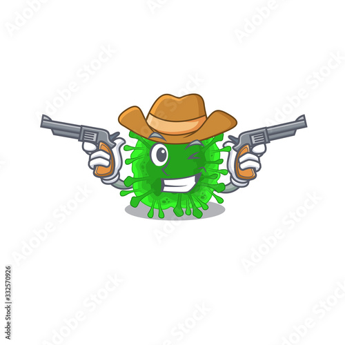 Funny minunacovirus as a cowboy cartoon character holding guns