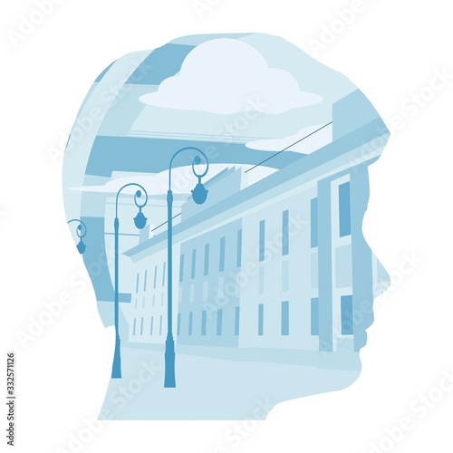 View of an old building. Double exposure portrait of young man and city street with electric lamps