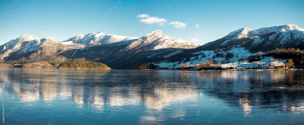 Scenic coastline of Oltedalsvatnet lake during winter season, Gjesdal commune, Norway, February 2018