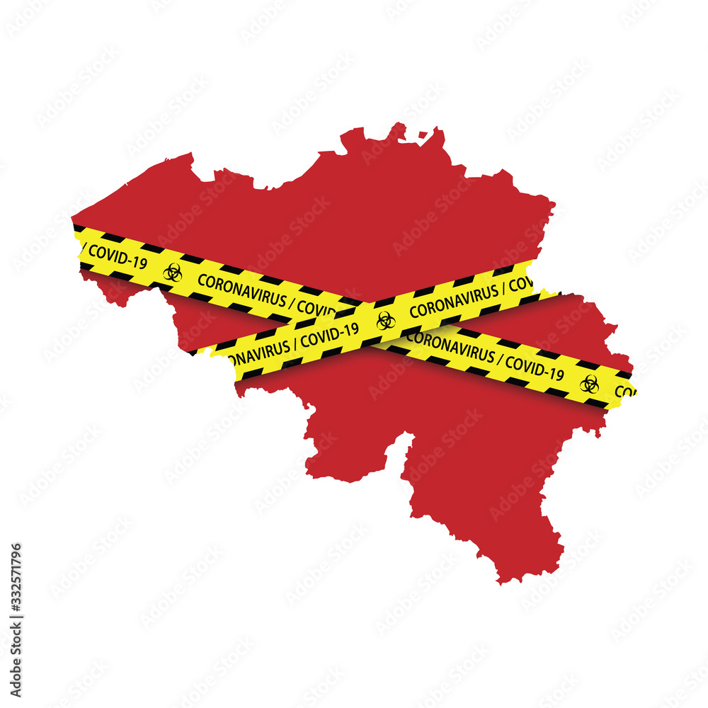 Naklejka premium Map of Belgium with warning quarantine yellow tape. Danger coronavirus Banner