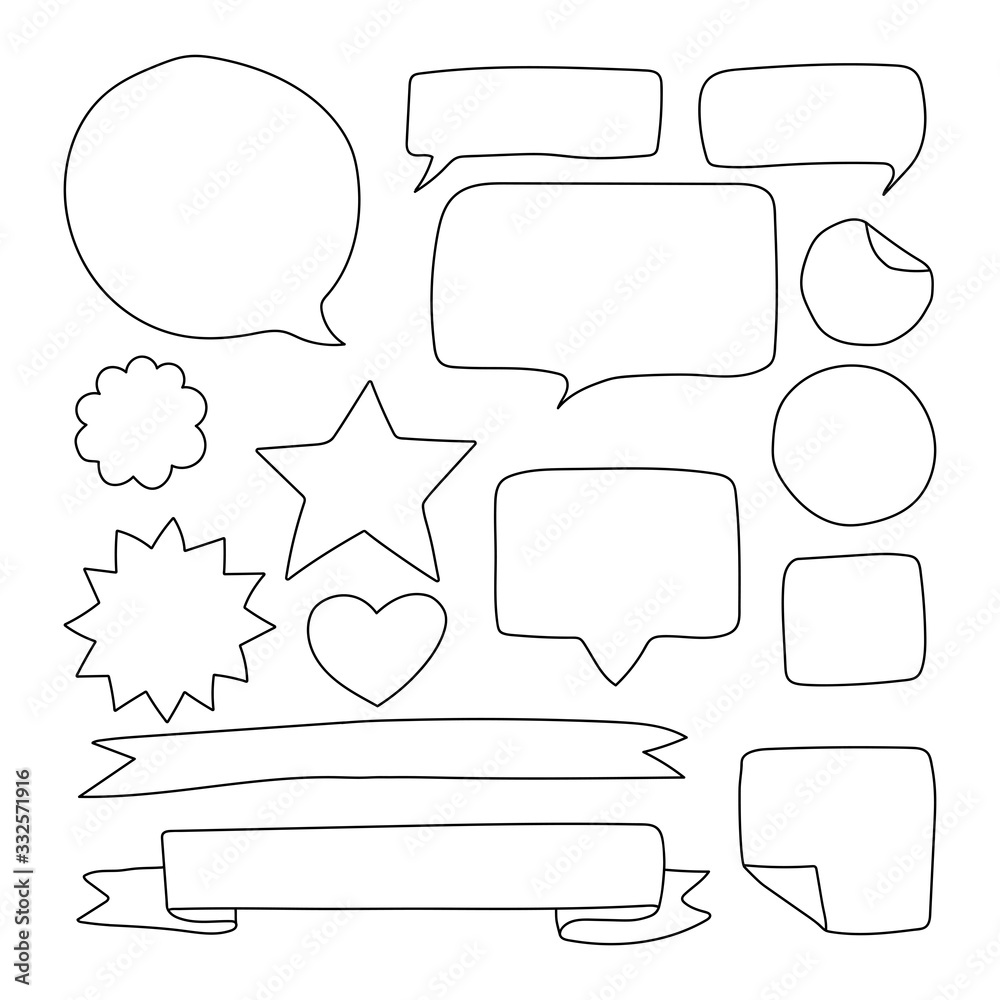 Obraz premium Set of doodle design elements. Objects and symbols on the business, social, technology theme. Hand-drawn elements isolated on white background.