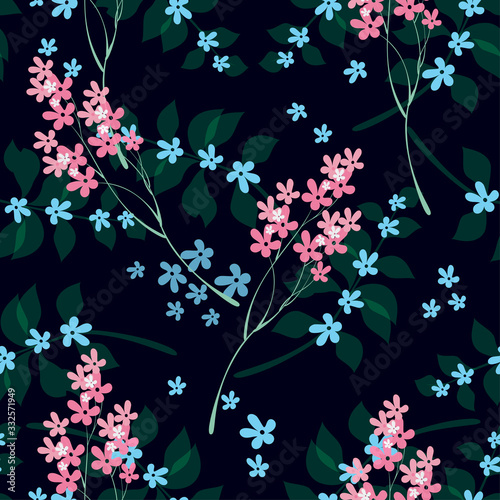 Stylized sakura branch seamless floral pattern for textile, contrasting, leaves small flowers on a dark background, elegant vector for fabric design.