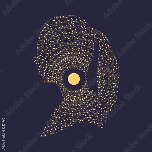 Double exposure portrait of woman and radial connected dots in circle form. Fireworks explosion background. Abstract geometric star rays. Design element for medical, treatment, cosmetic emblem