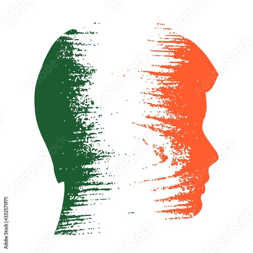 Double exposure portrait of young man. Ireland flag design concept. Flag textured by grungy wood pattern. Image relative to travel and politic themes