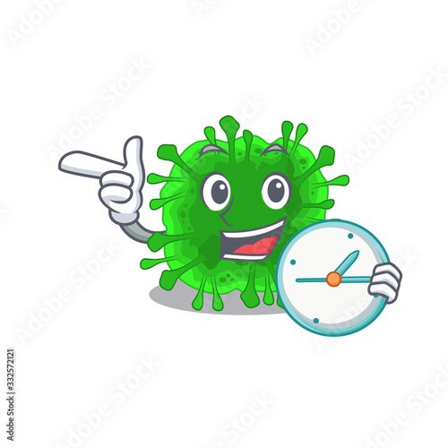 Cheerful minunacovirus cartoon character style with clock