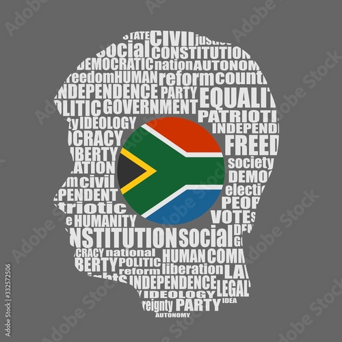 Head of man filled by word cloud. Words related to politics, government, parliamentary democracy and political life. Flag of the South Africa