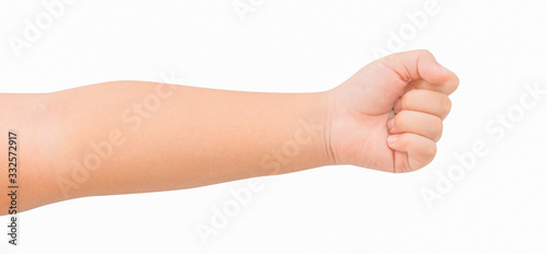 An Asian boy is doing a handful on an isolated white background