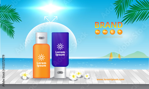 Advertising sunscreen cosmetics on wooden floor with blue sky and sea