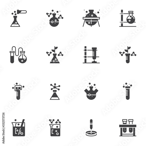 Chemistry vector icons set, modern solid symbol collection, Chemical experiment filled style pictogram pack. Signs, logo illustration. Set includes icons as chemical test tube, laboratory glassware
