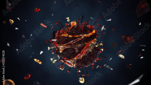 Full color corona virus tear have blood and element splash  around virus with 3d rendering. photo