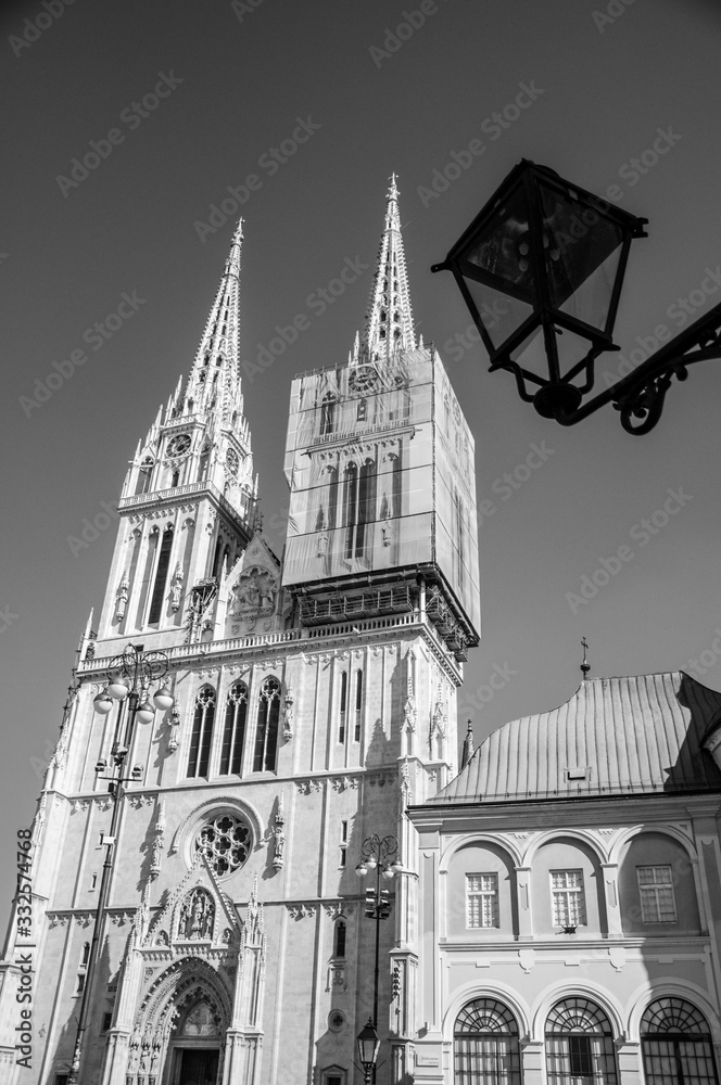 Zagreb cathedral in black and white